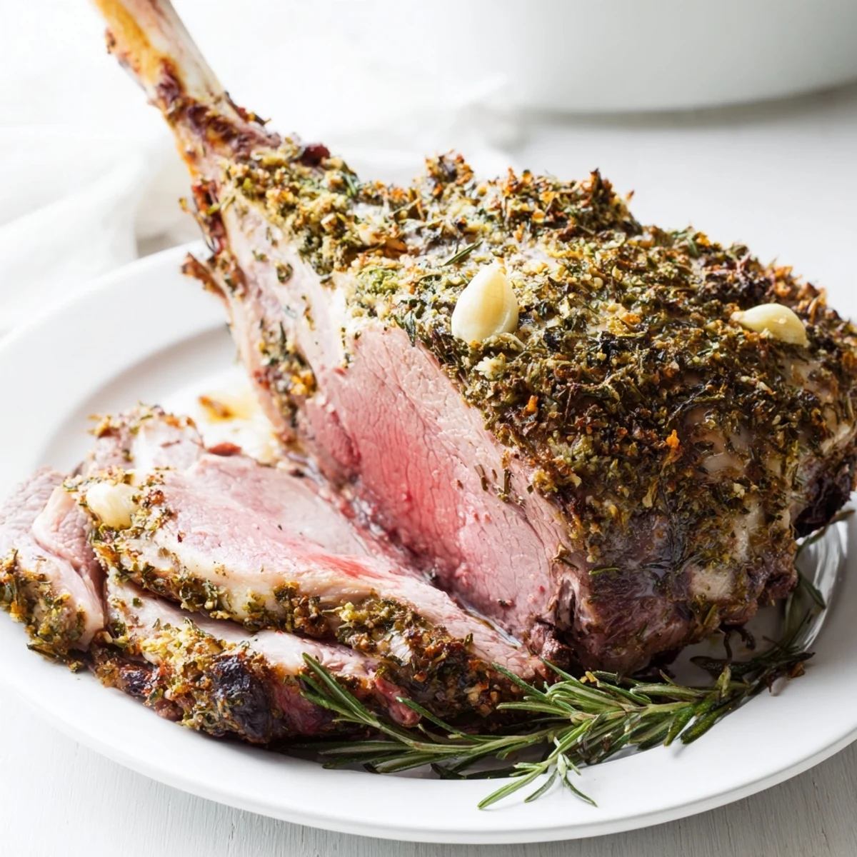 In this slow roasted leg of lamb with garlic and rosemary, golden-brown crust gives way to juicy slices and fragrant rosemary.  