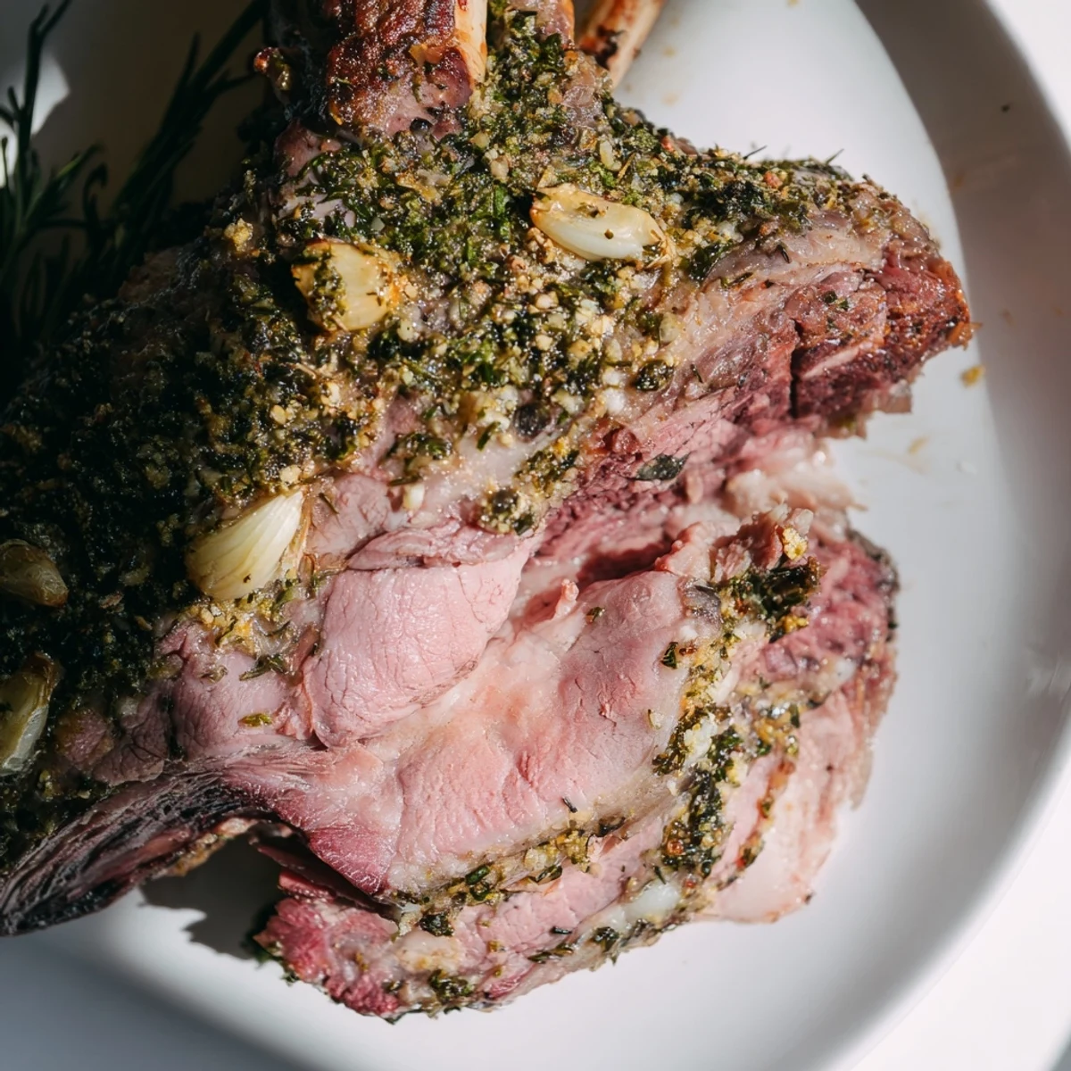 Perfectly carved slow roasted leg of lamb with garlic and rosemary is served alongside roasted potatoes and fresh salad.