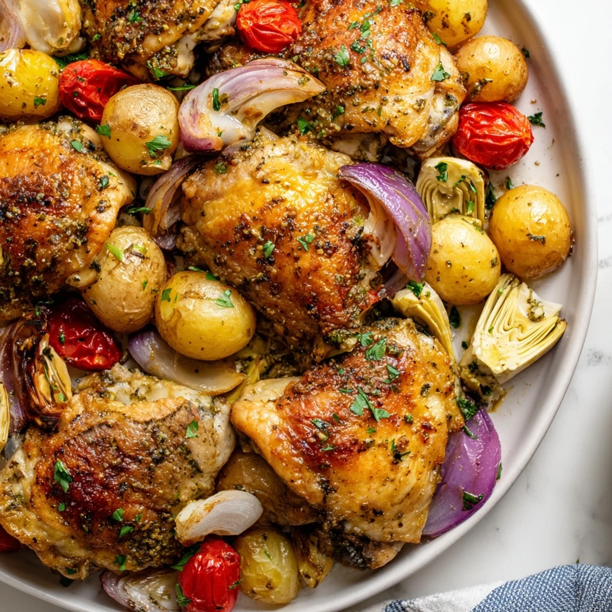 Golden roasted Sheet Pan Lemon Herb Chicken with Artichokes sits beside tender potatoes and juicy tomatoes.
