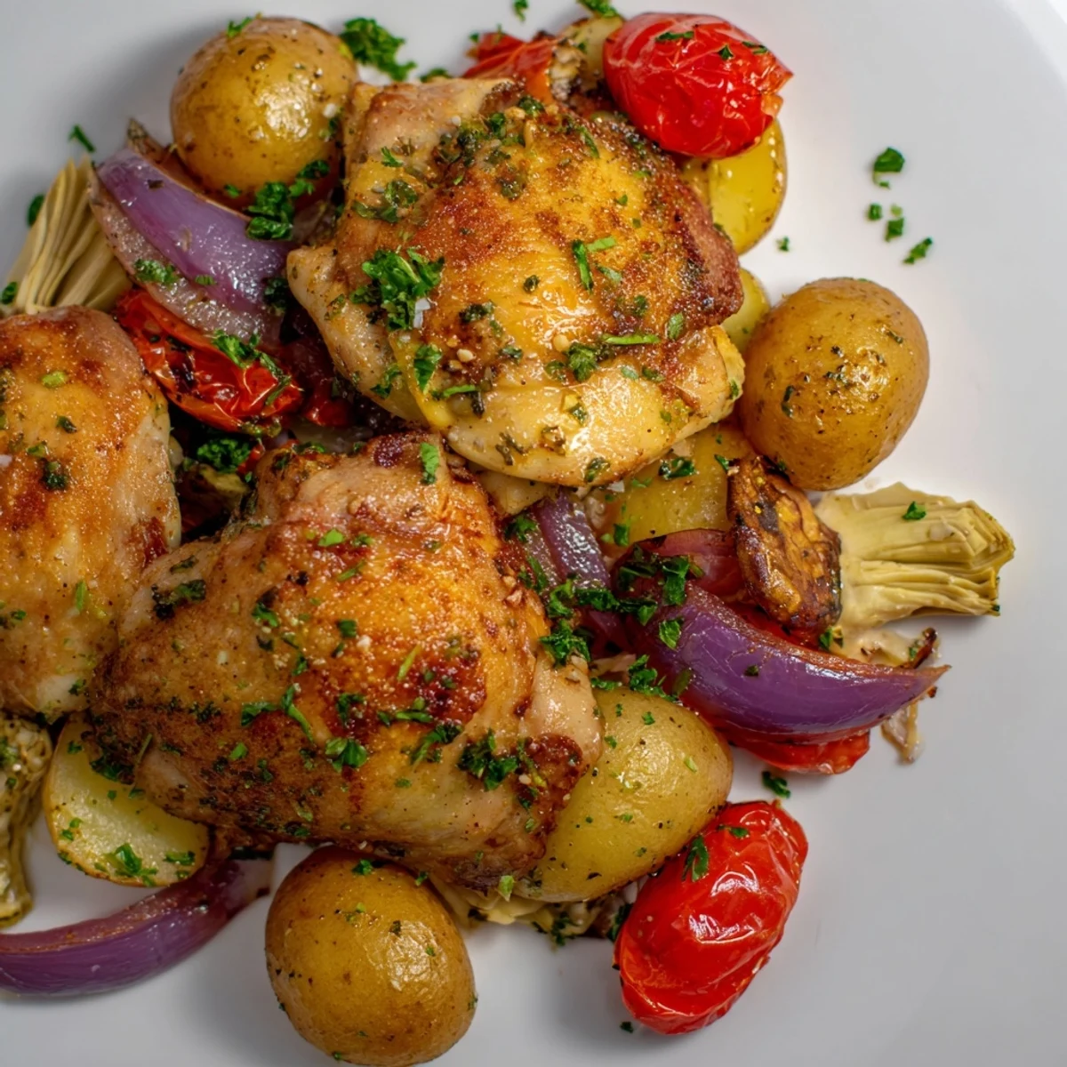 A close-up of Sheet Pan Lemon Herb Chicken with Artichokes highlights crispy skin and vibrant herbs.