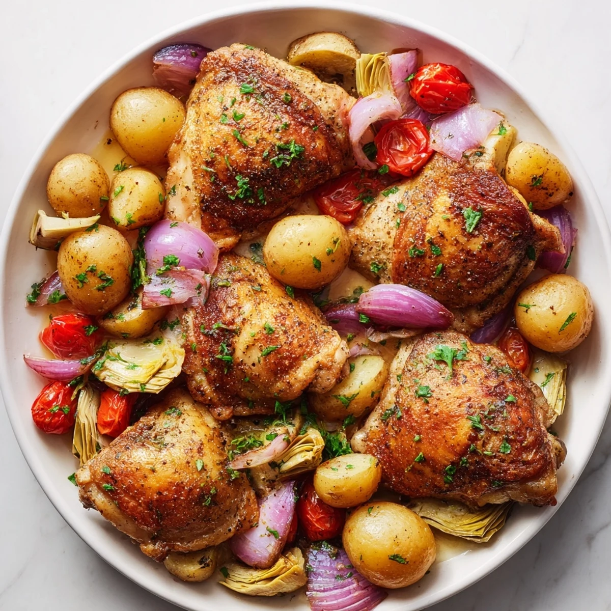 Juicy Sheet Pan Lemon Herb Chicken with Artichokes on a baking pan, garnished with fresh parsley.