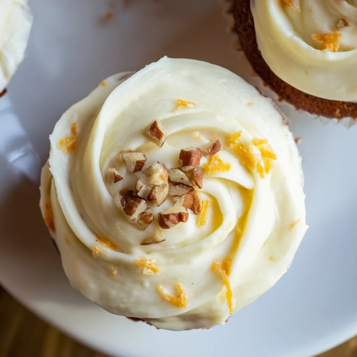 A close-up of a Carrot Cake Cupcake with swirled frosting and a carrot garnish, perfect for spring dessert tables.