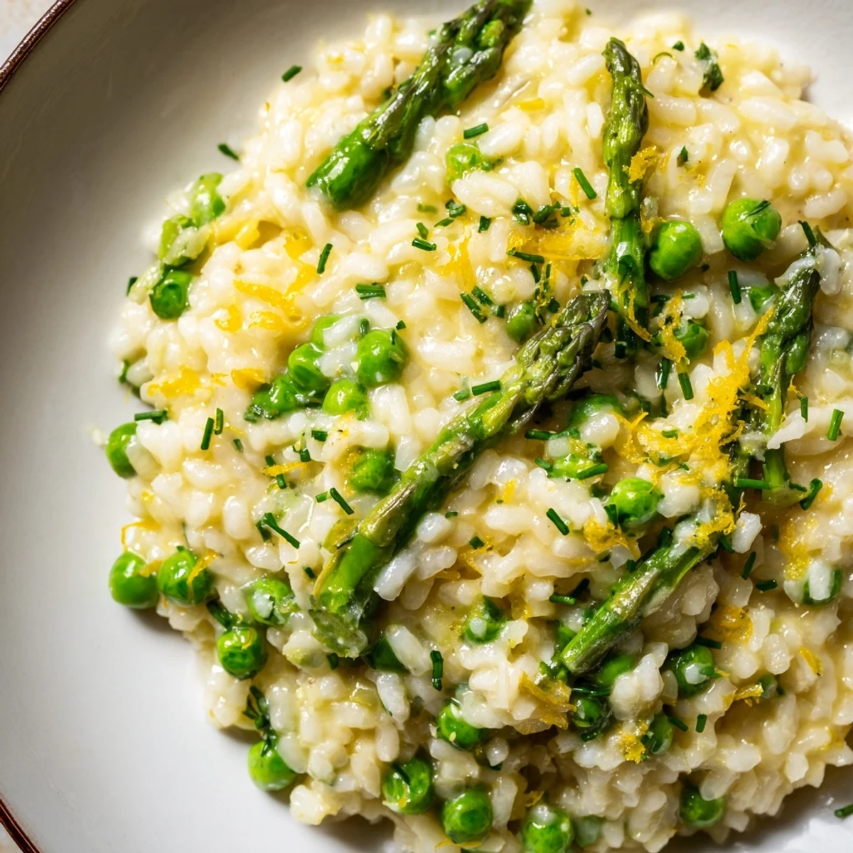 A warm bowl of Creamy Spring Pea and Asparagus Risotto garnished with fresh chives and lemon zest.