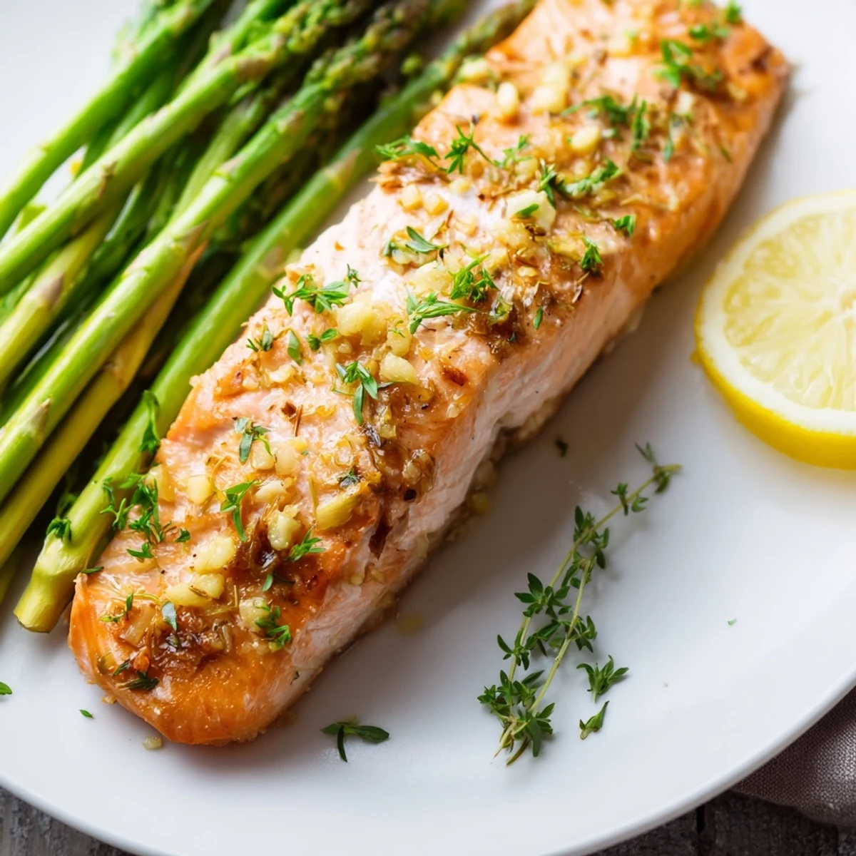 Healthy Sheet Pan Lemon Herb Salmon with vibrant green asparagus, featuring a squeeze of fresh lemon and a sprinkle of aromatic herbs.