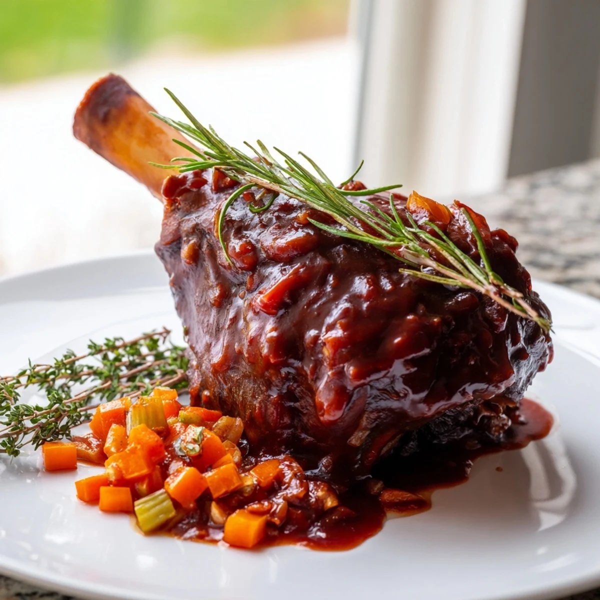 Tender Braised Lamb Shanks with Red Wine Reduction resting in a rich dark sauce, garnished with fresh parsley.