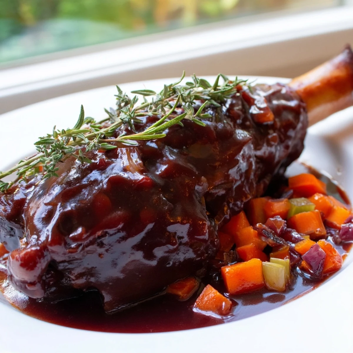 In a Dutch oven, Braised Lamb Shanks with Red Wine Reduction sit amid aromatic rosemary and thyme sprigs.
