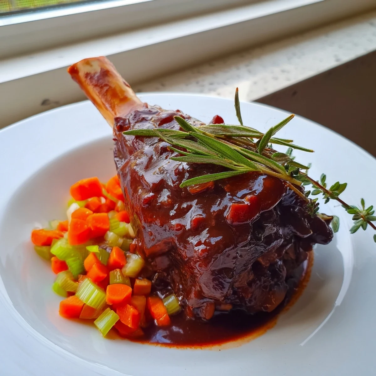 Serving suggestion for Braised Lamb Shanks with Red Wine Reduction over creamy mashed potatoes and a glass of red wine.
