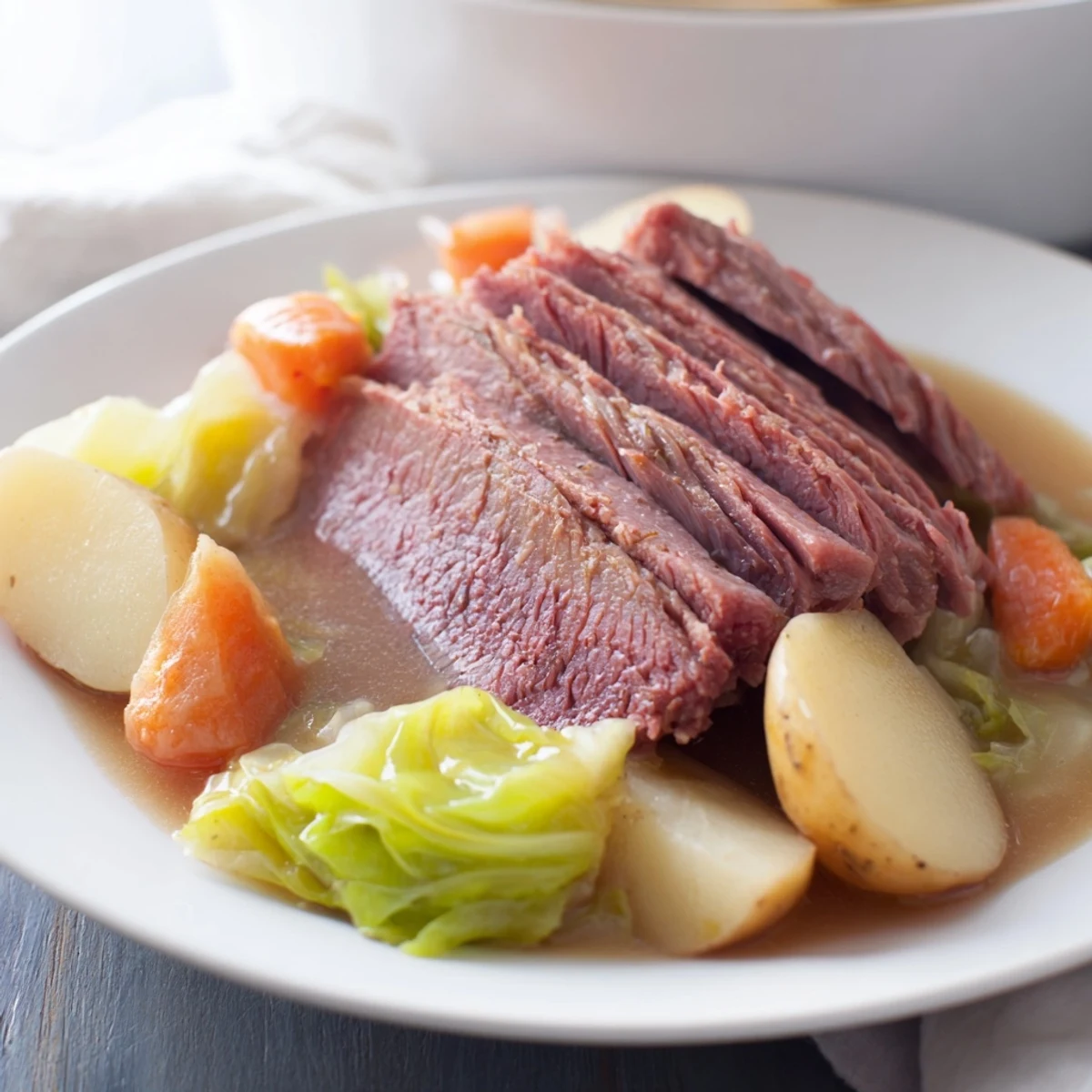 Tender slow cooked corned beef brisket with soft cabbage wedges and carrots in a serving dish.