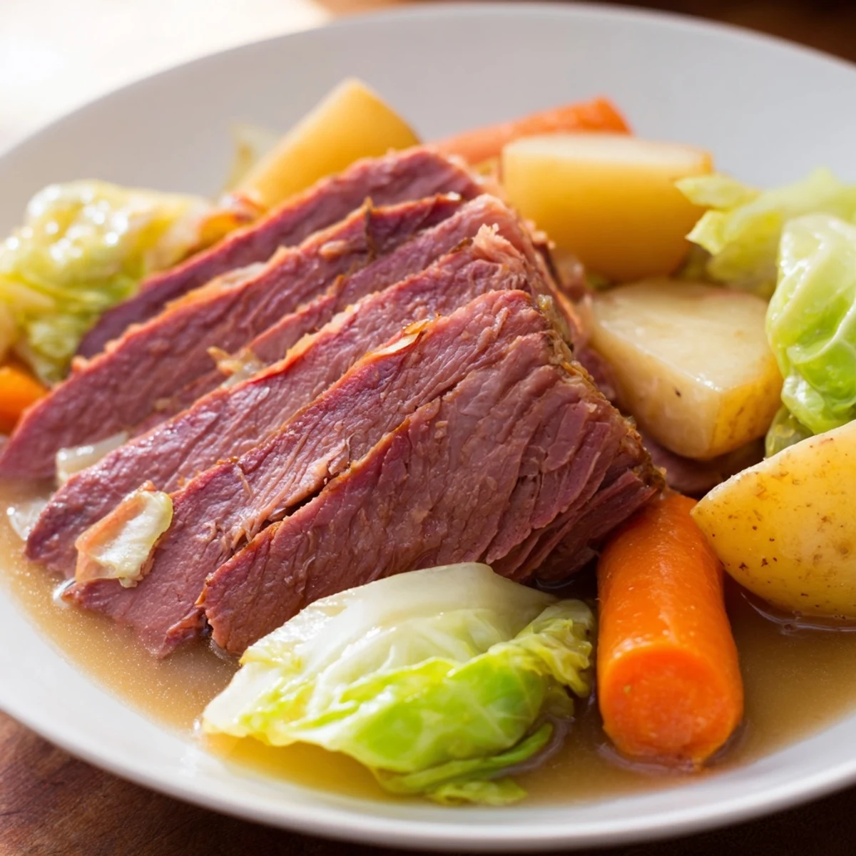 Sliced slow cooked corned beef brisket beside cabbage wedges and potatoes on a rustic platter.