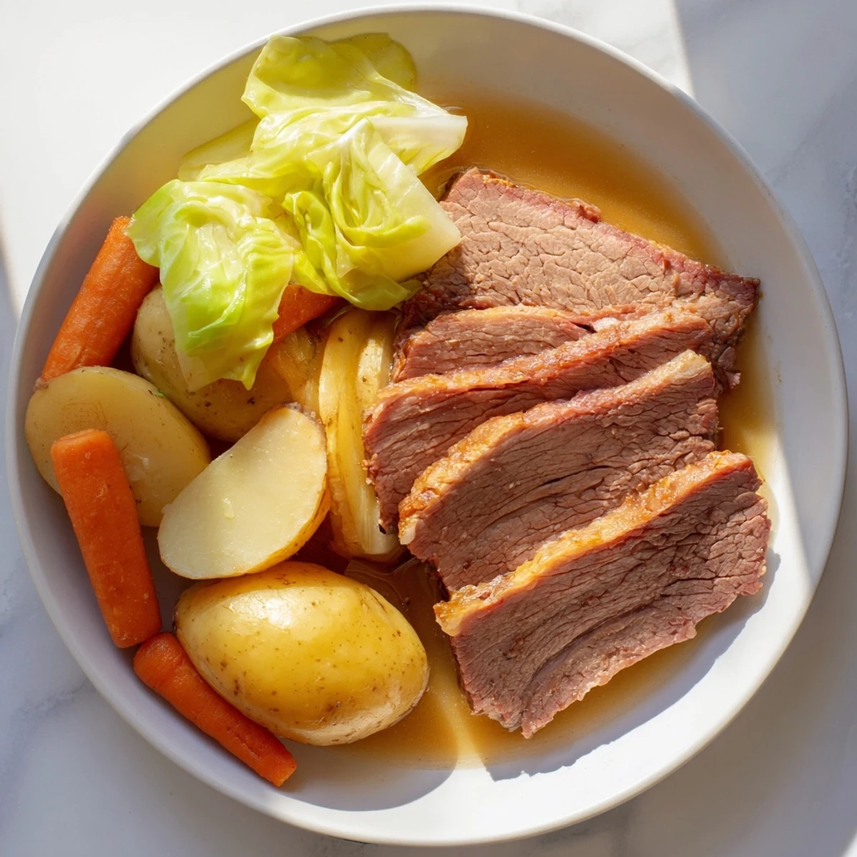A hearty plate of slow cooked corned beef brisket with cabbage, carrots, and broth.