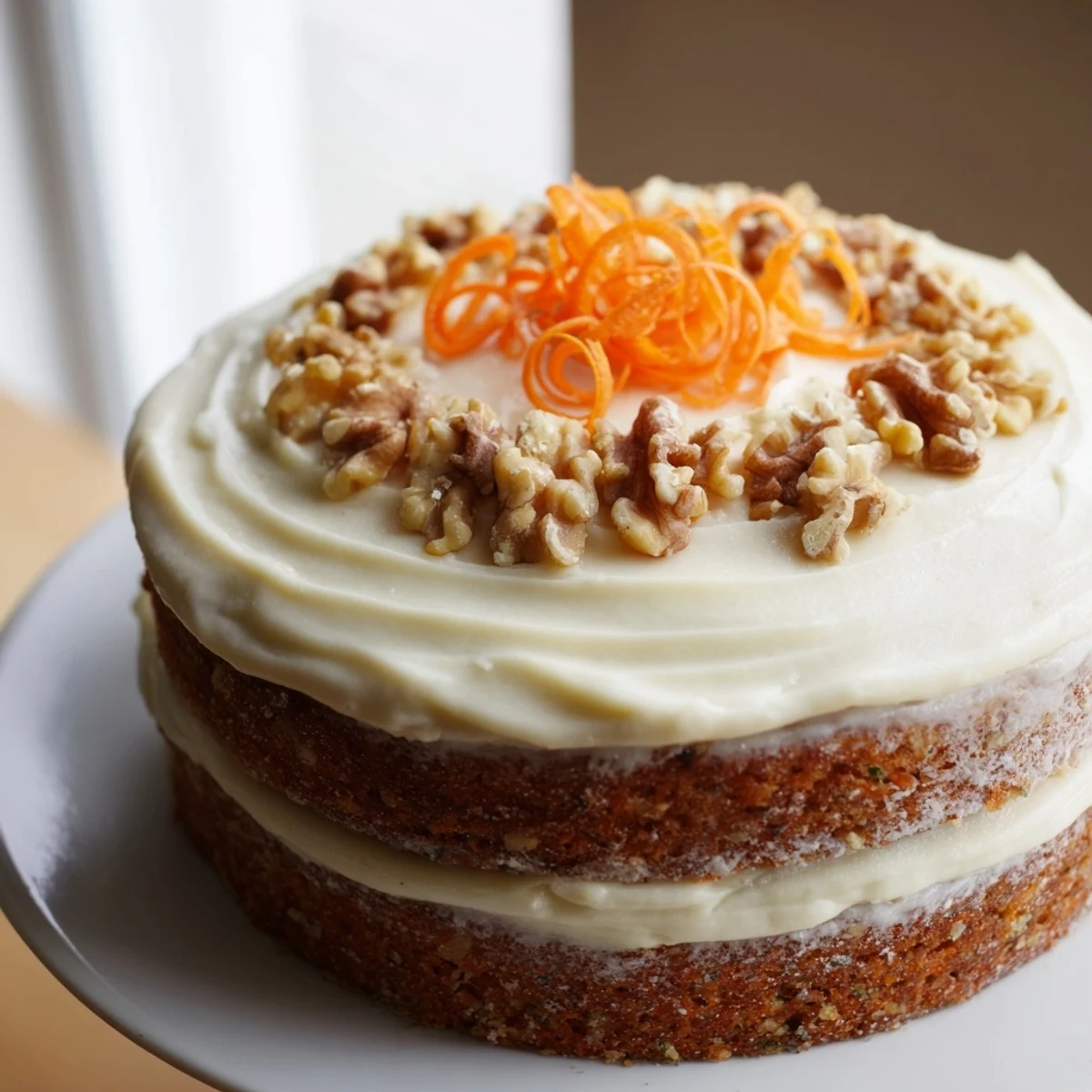 Freshly baked Carrot Cake Layer Cake with Cream Cheese Frosting, showing moist crumb and fluffy white frosting on a rustic wooden table.