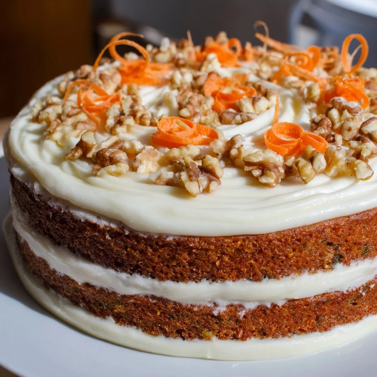Carrot Cake Layer Cake with Cream Cheese Frosting sliced on a plate, ready to serve with a hot cup of coffee nearby.