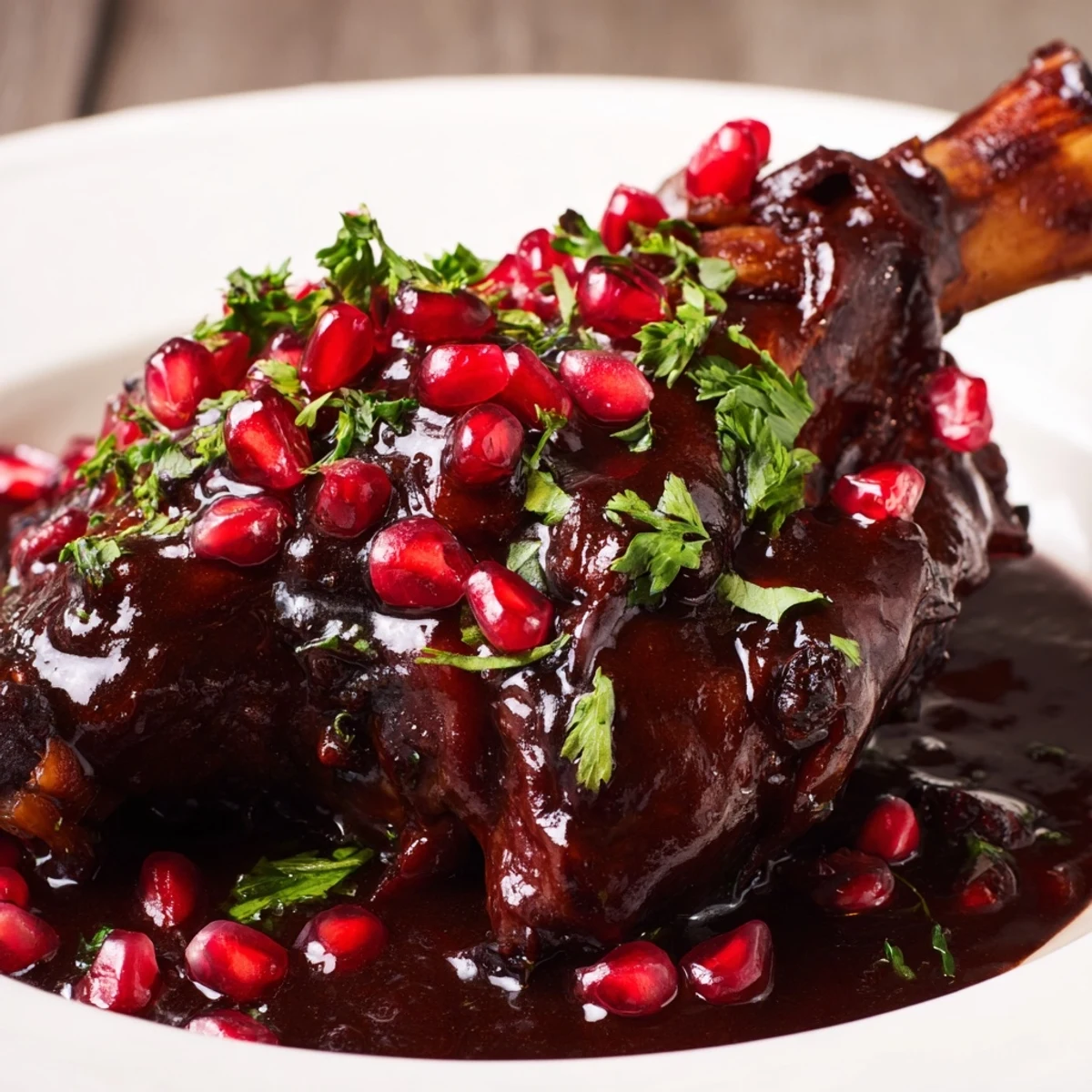 Four slow-braised lamb shanks glistening with tangy pomegranate reduction served on a platter.  