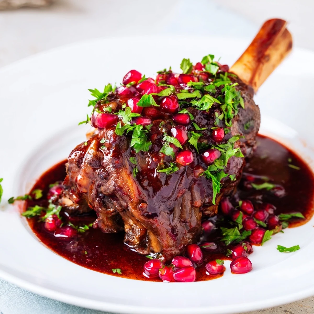 Close-up of tender Braised Lamb Shanks with Pomegranate Reduction and fresh parsley garnish.  