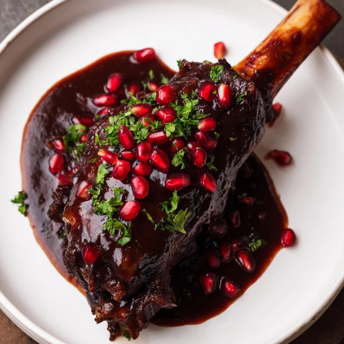 Elegant dinner plate featuring Braised Lamb Shanks with Pomegranate Reduction and pomegranate seeds.