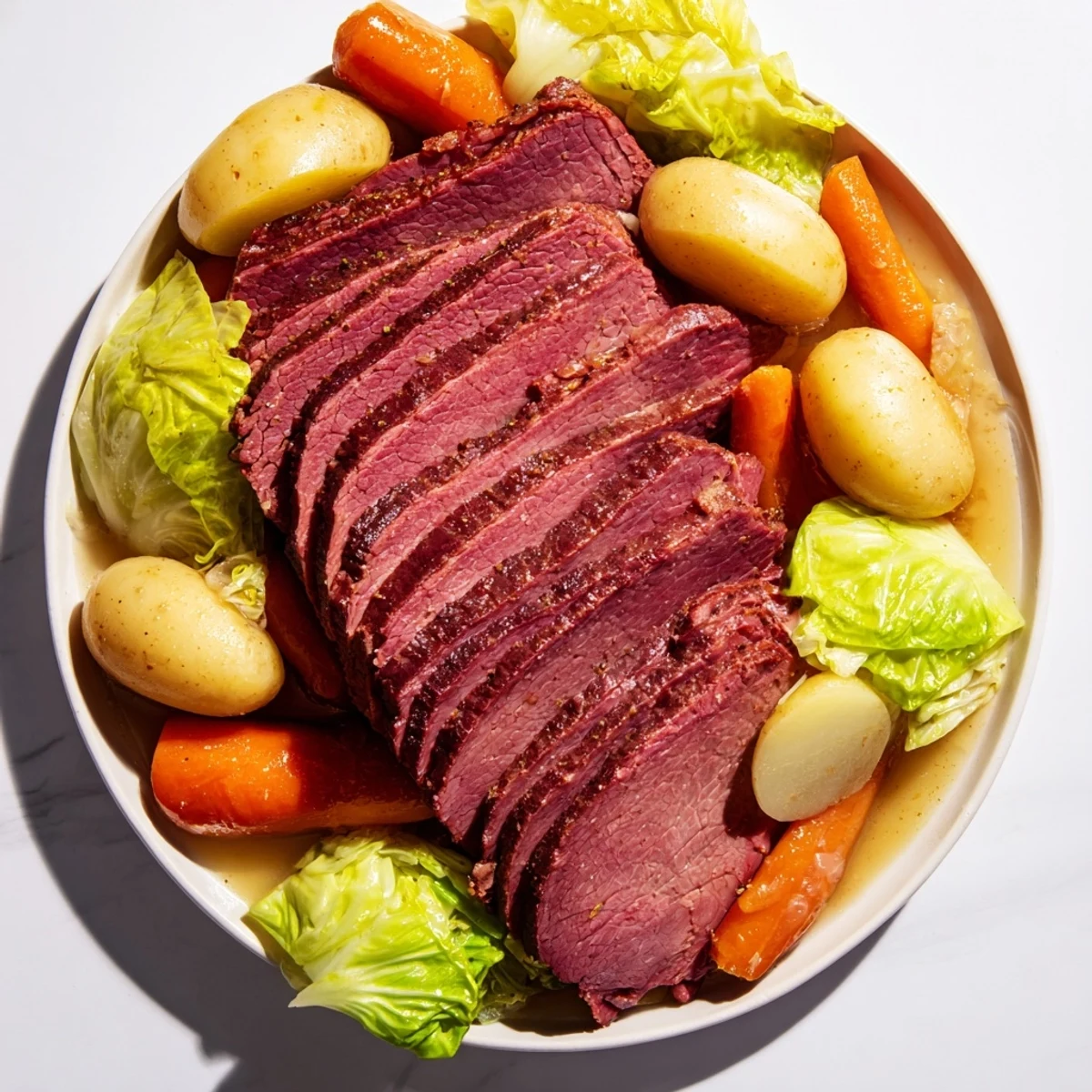 A close-up of Slow Cooked Corned Beef Brisket with Cabbage Wedges, showing tender, juicy slices of meat and soft, sweet vegetables on a platter.