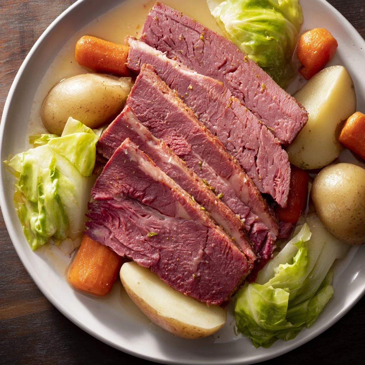Sliced Slow Cooked Corned Beef Brisket with Cabbage Wedges served on a rustic plate, garnished with herbs and ready for a hearty family dinner.