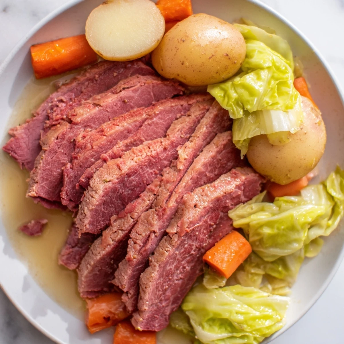 A slow cooker pot holding Slow Cooked Corned Beef Brisket with Cabbage Wedges, featuring tender potatoes, carrots, and cabbage simmering in rich broth.