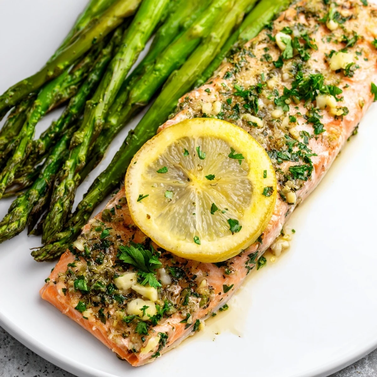 Easy sheet pan dinner of Sheet Pan Lemon Herb Salmon with Roasted Asparagus garnished with fresh parsley and lemon slices.