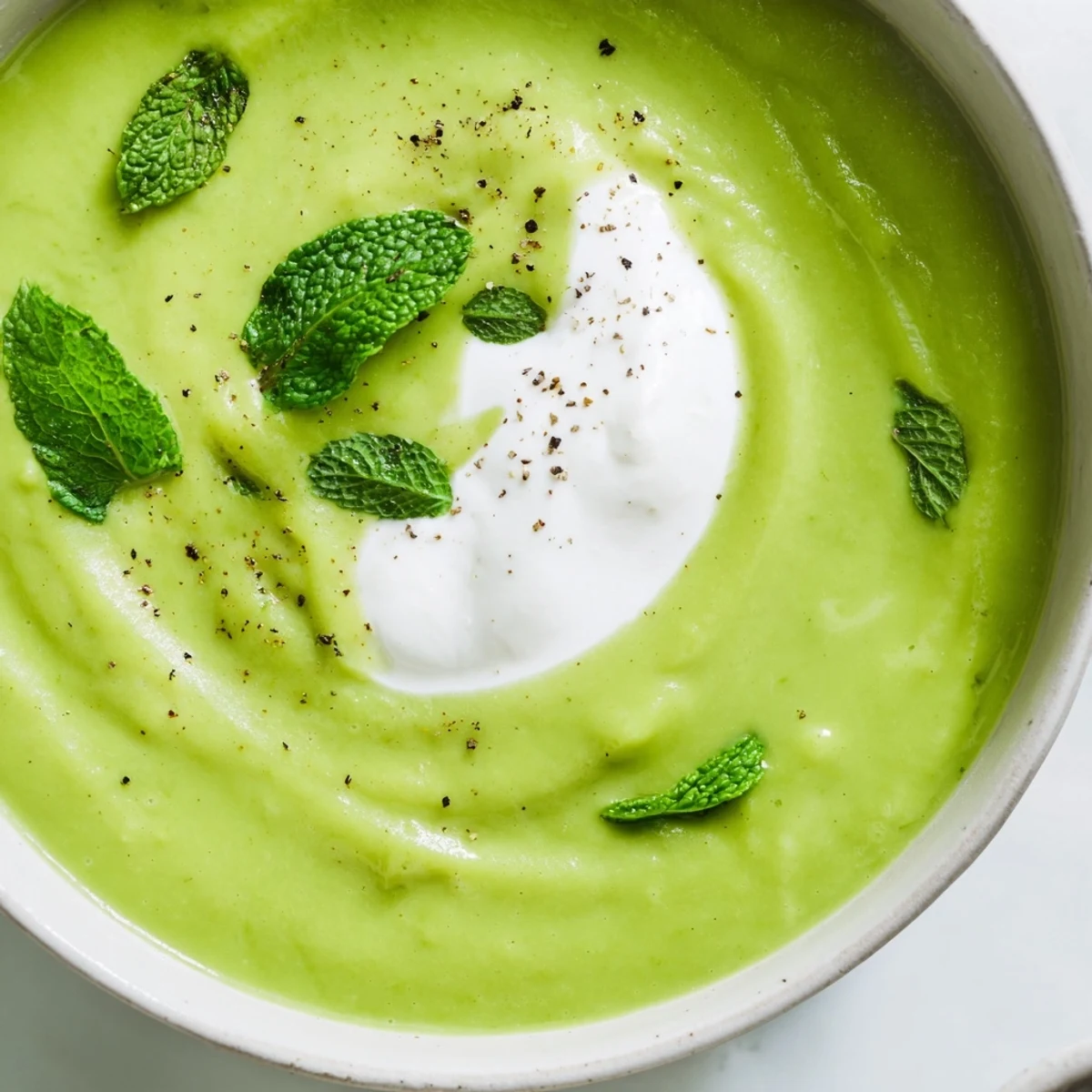 The vibrant green Creamy Spring Pea and Mint Soup with Crème Fraîche is served steaming in a rustic white bowl.