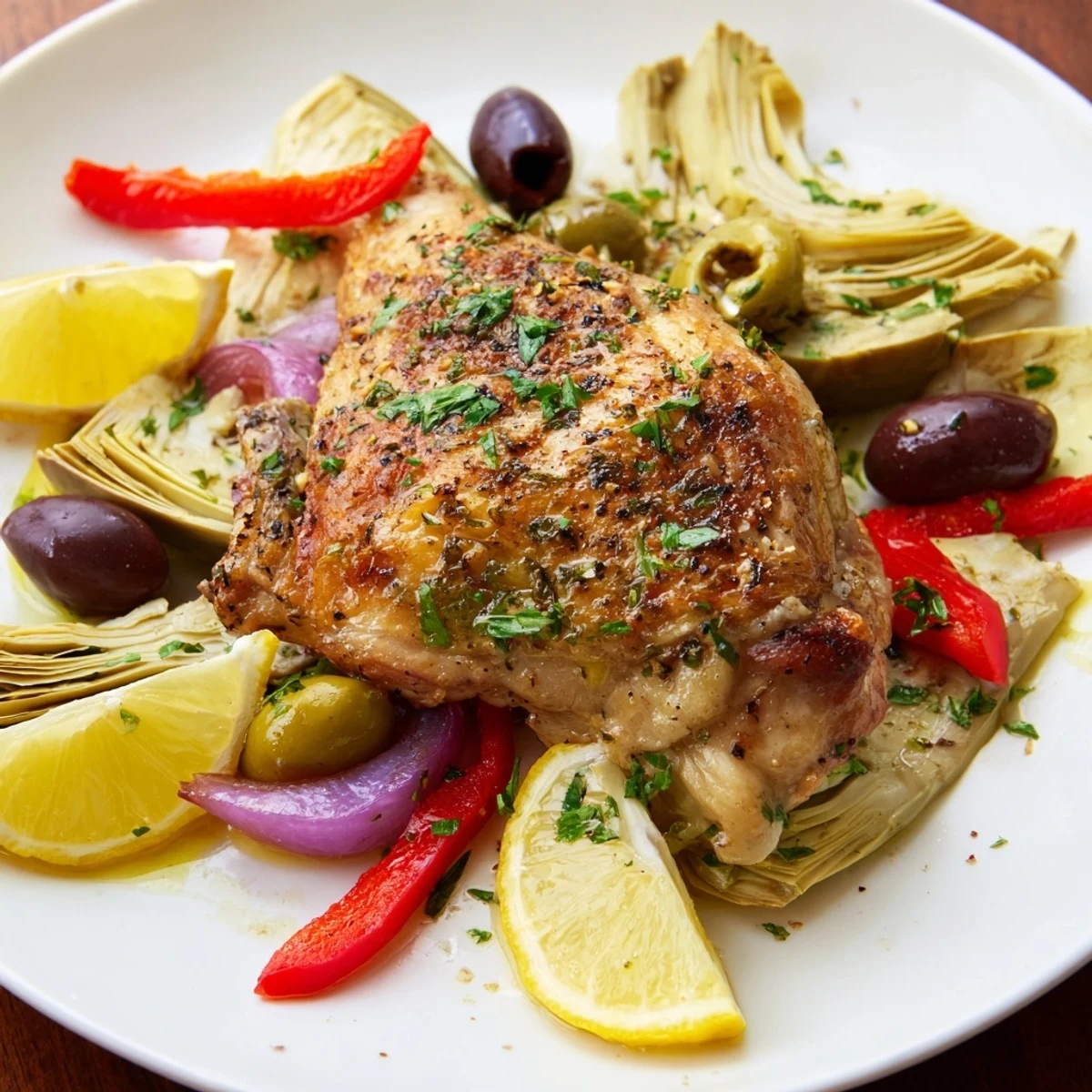 Mediterranean-inspired sheet pan dinner featuring crispy chicken, tender artichoke hearts, and briny green olives with roasted vegetables and lemon wedges.
