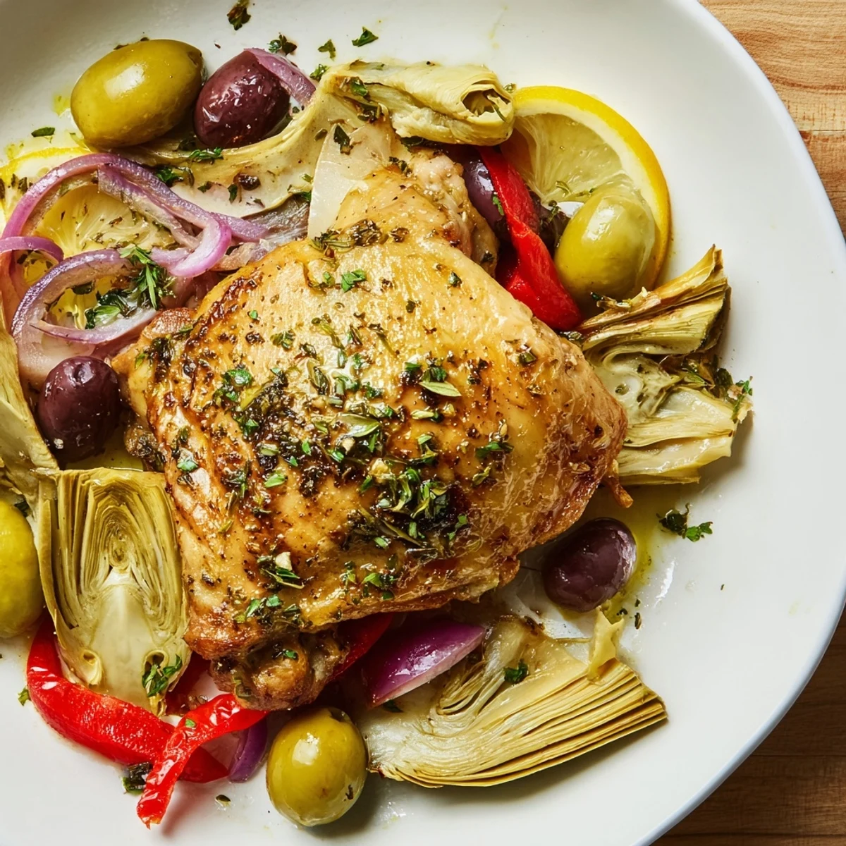 A close-up of juicy Sheet Pan Lemon Herb Chicken with Artichokes and Olives, garnished with fresh oregano and ready to serve.
