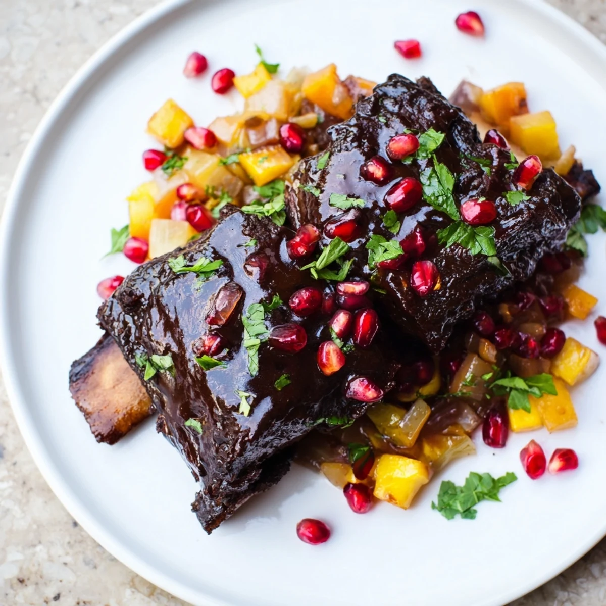 Golden-brown beef short ribs glazed with pomegranate molasses, served over creamy mashed potatoes.