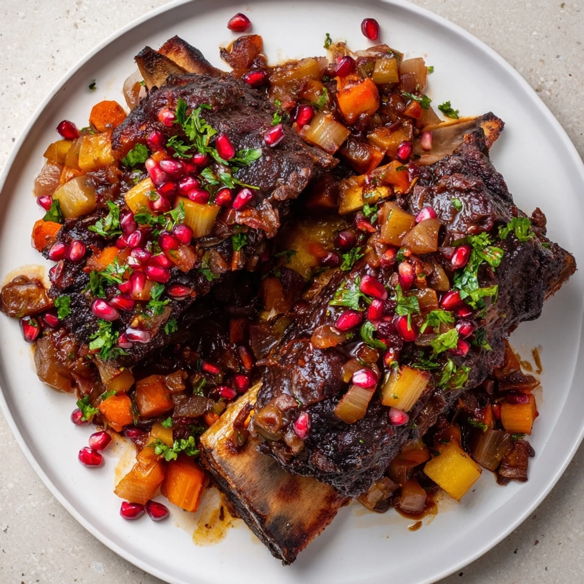 A close-up of tender bone-in short ribs topped with ruby pomegranate seeds and a rich glaze.