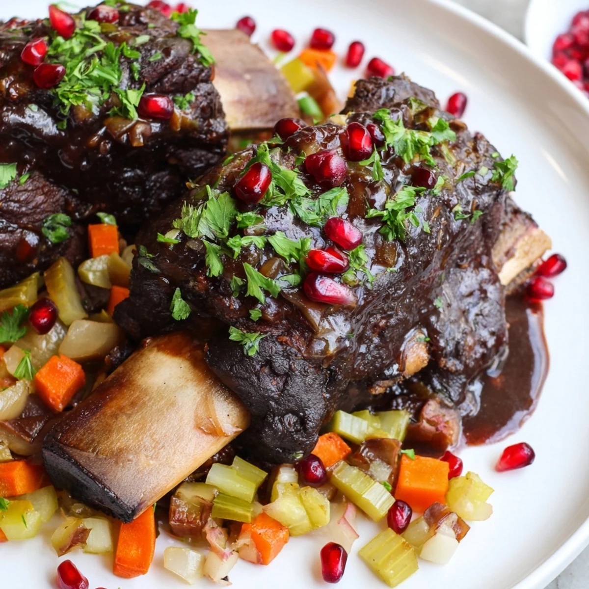 Braised beef short ribs with pomegranate glaze glisten in a Dutch oven, garnished with fresh parsley.