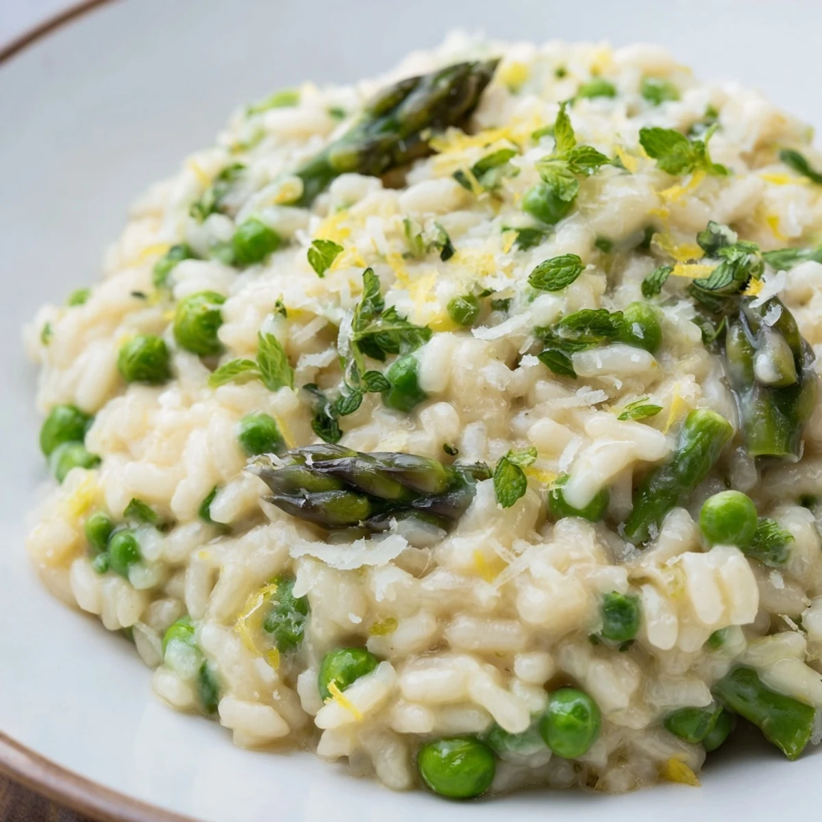 Creamy Asparagus and Pea Risotto with Mint features tender green vegetables in a rich, steaming bowl.  