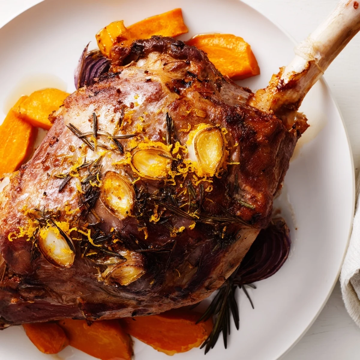 A close up of tender Slow Roasted Leg of Lamb with Garlic and Lemon, garnished with fresh rosemary and drizzled with pan juices.