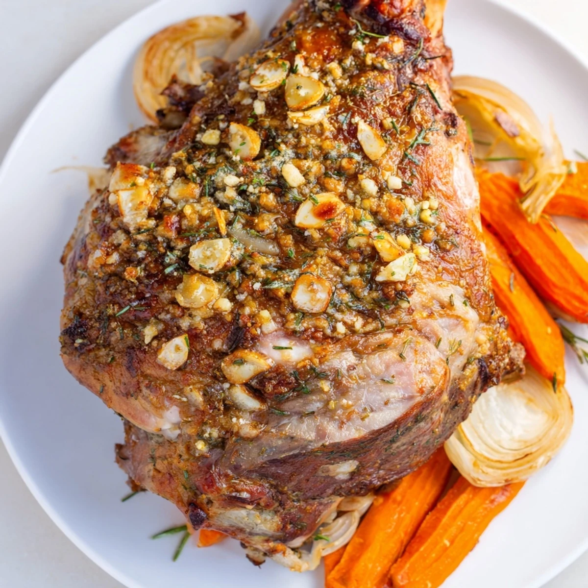 Juicy slices of Slow Roasted Leg of Lamb with Garlic and Lemon on a rustic platter, surrounded by golden roasted carrots and onions.