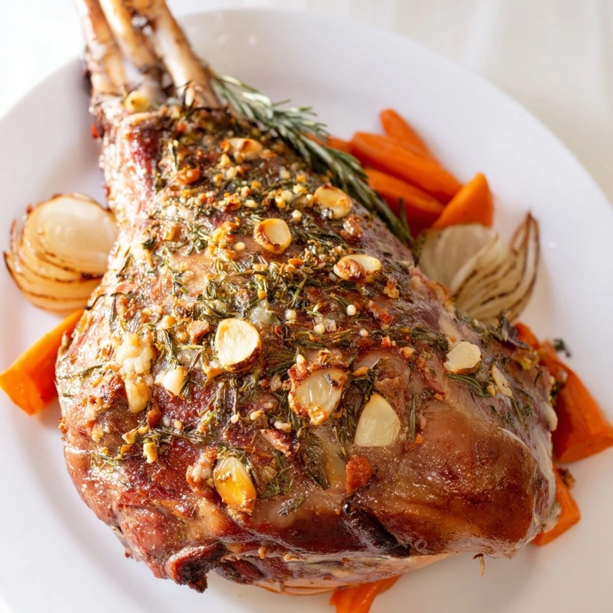 Beautifully carved Slow Roasted Leg of Lamb with Garlic and Lemon served family style with roasted vegetables and lemon wedges.