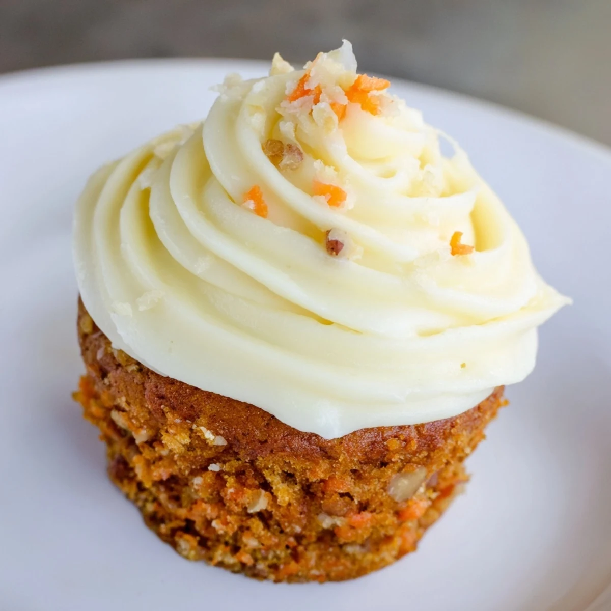 Moist Carrot Cake Cupcakes with Cream Cheese Frosting stacked high on a white plate, showcasing fluffy texture.