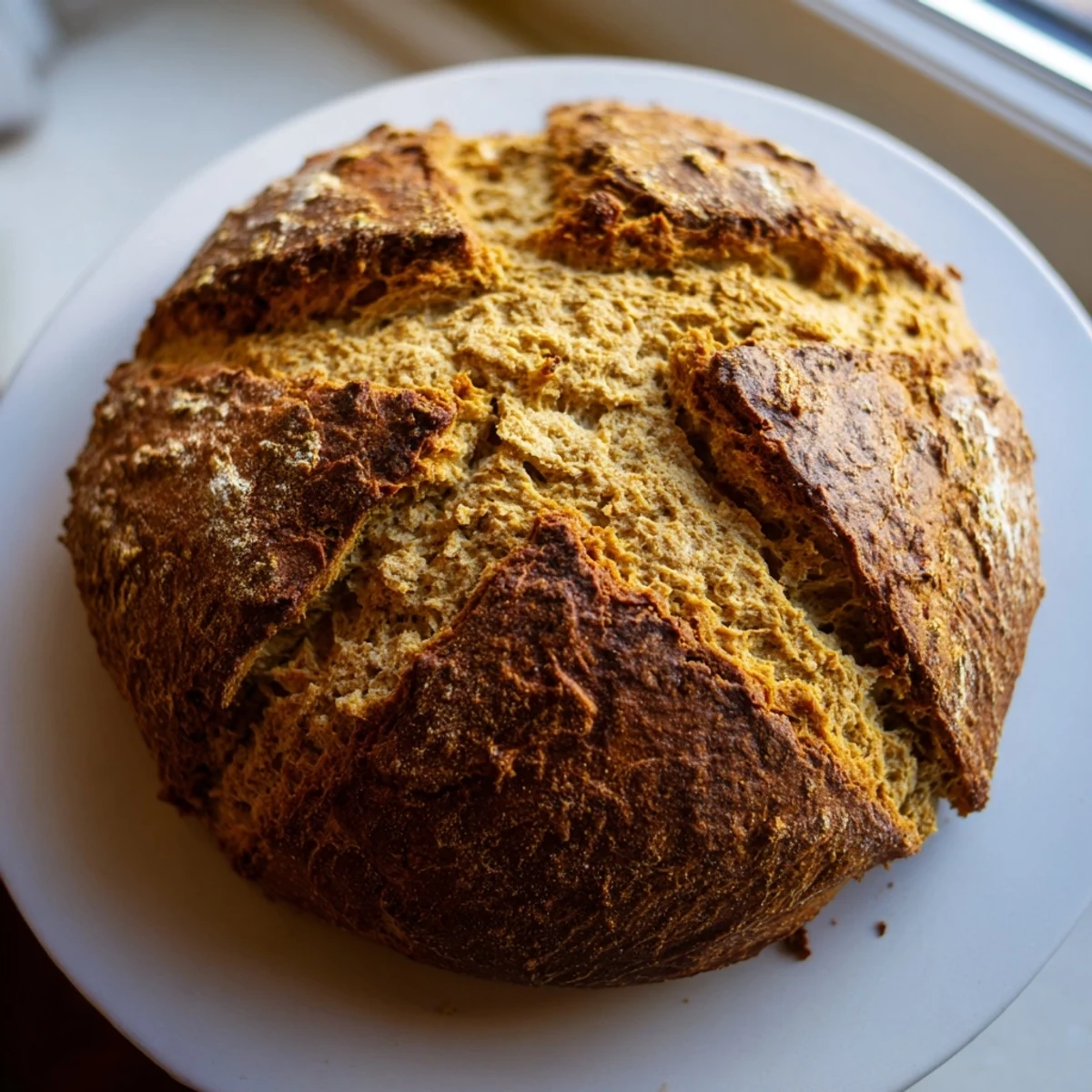 Freshly baked Authentic 4-Ingredient Irish Soda Bread with a golden crust sits on a wooden cutting board, ready to slice and serve with butter.