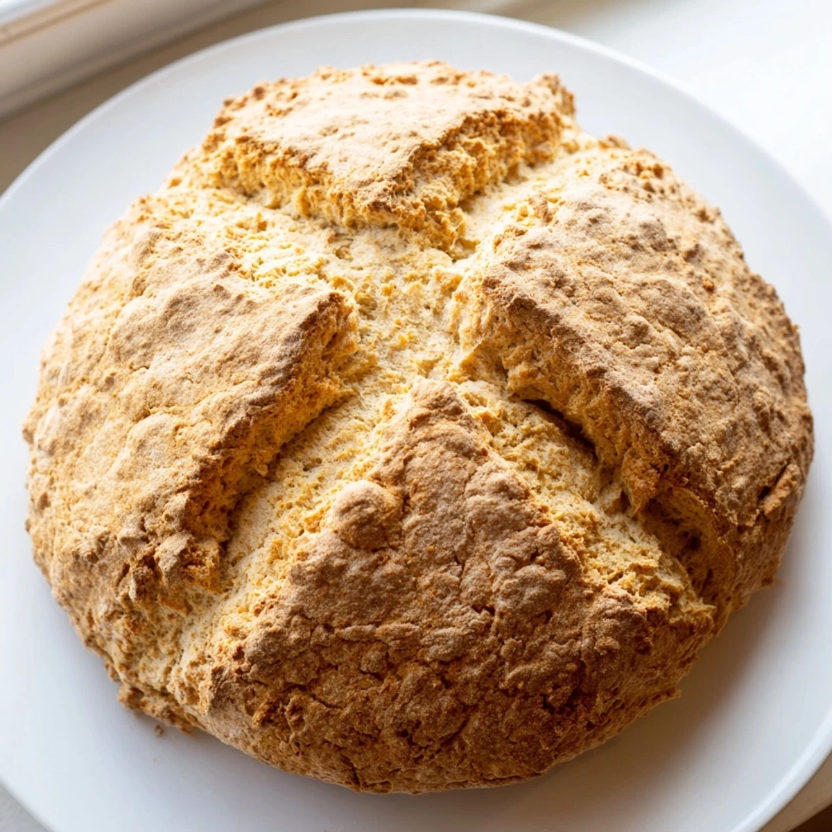 Warm Authentic 4-Ingredient Irish Soda Bread shows its tender crumb and deep X cut, perfect for pairing with hearty Irish stew on a rustic table.