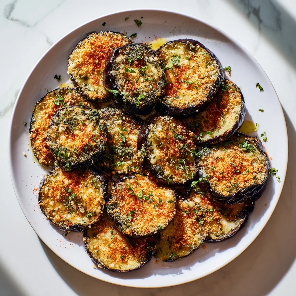 Golden roasted Mediterranean Roasted Eggplant & Parmesan Crisps are topped with melted cheese and herbs on a platter.