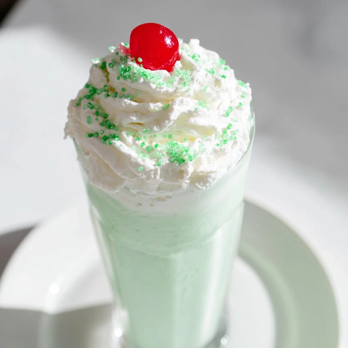 Homemade Copycat Shamrock Shake garnished with whipped cream and a bright cherry, perfect for St. Patrick's Day.