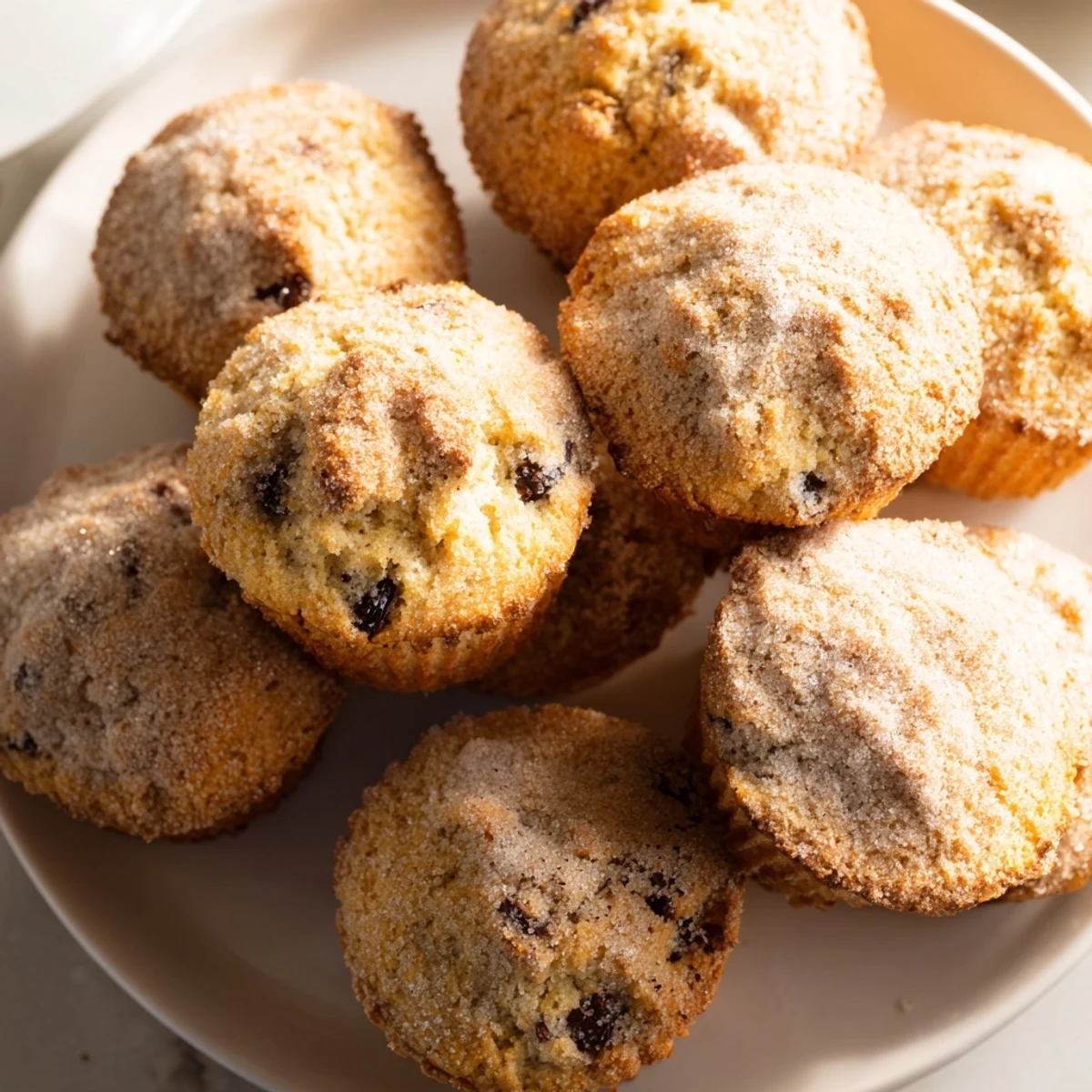 A close-up of Mini Irish Soda Bread Muffins showing golden crusts, craggy tops, and embedded currants on a rustic wooden board.