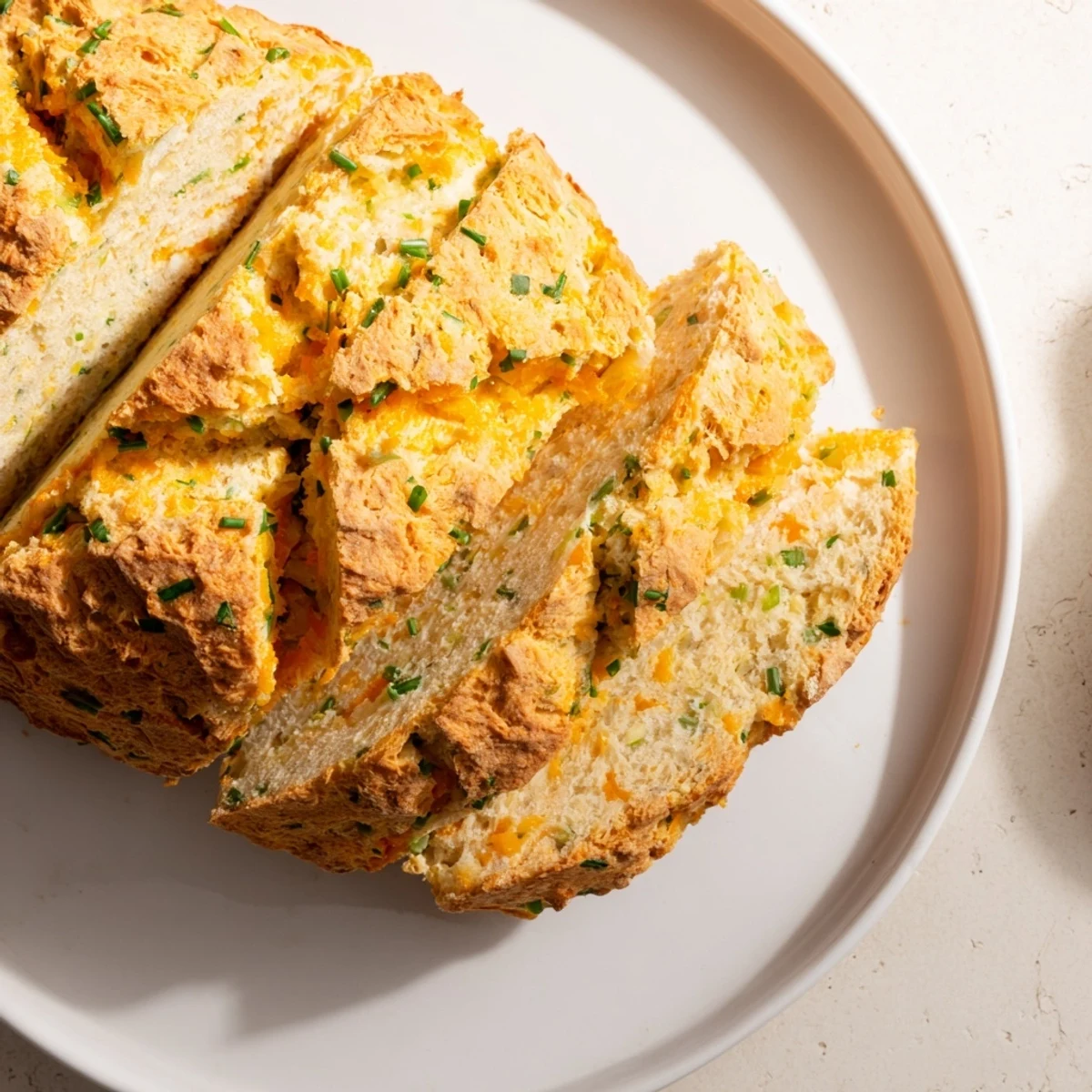 A close-up of golden Savory Cheddar & Chive Irish Soda Bread with melted cheddar crust and fresh green chive specks on a rustic wooden board.