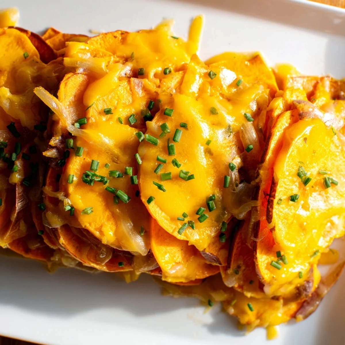 A slice of Cheesy Sweet Potato Gratin with Caramelized Onions Delight reveals layers of tender sweet potatoes under melted Gruyère and cheddar.