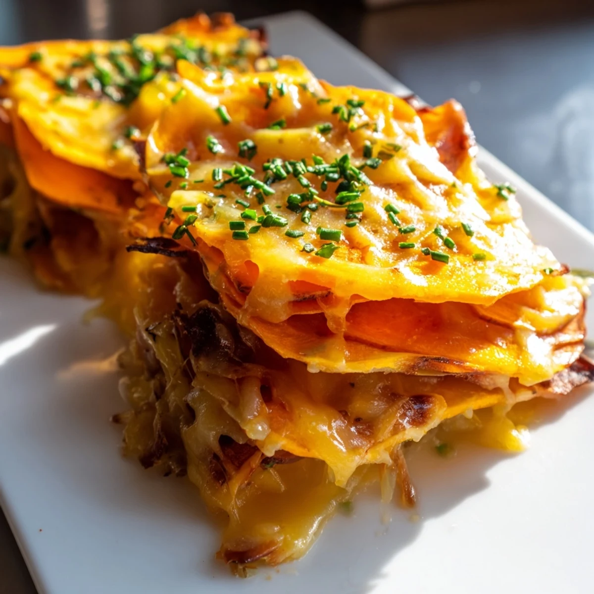 This close-up of Cheesy Sweet Potato Gratin with Caramelized Onions Delight shows golden, bubbly cheese and deeply caramelized onion strands.