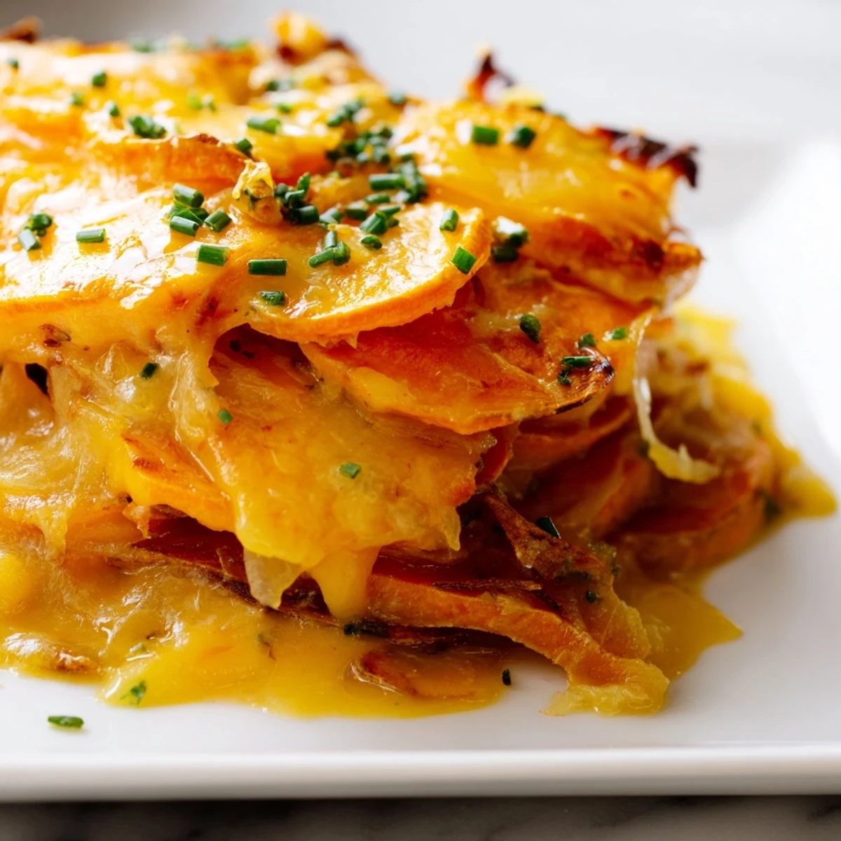 A golden-brown top on the Cheesy Sweet Potato Gratin with Caramelized Onions Delight is garnished with fresh chopped chives.