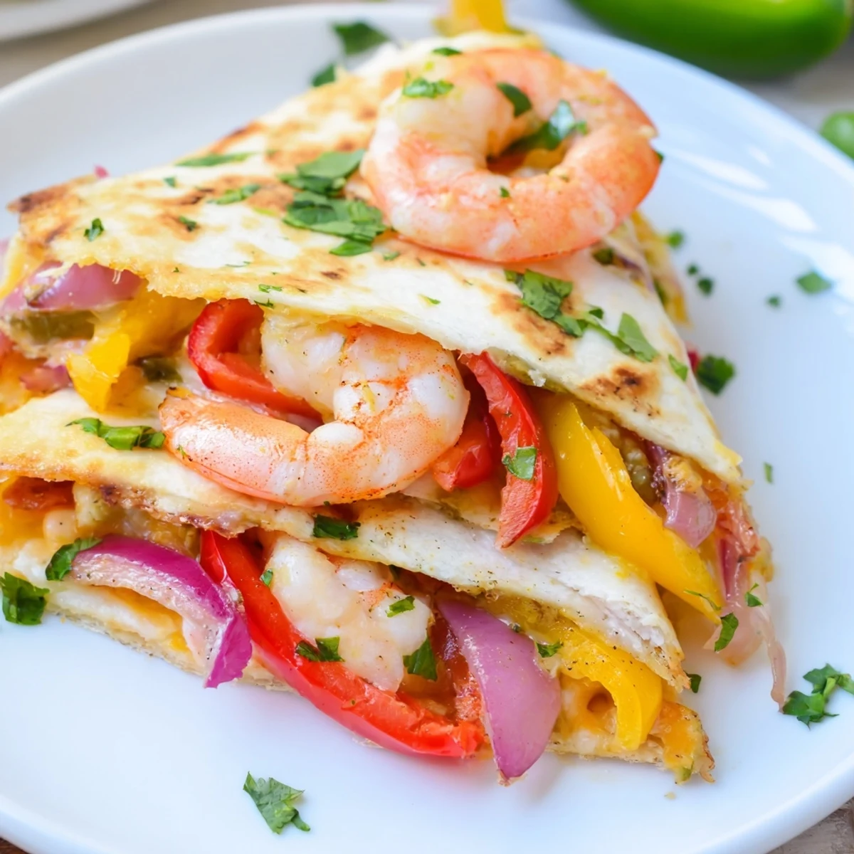 Freshly cut wedges of Shrimp Fajita Sheet Pan Quesadillas revealing a filling of seasoned shrimp and veggies.