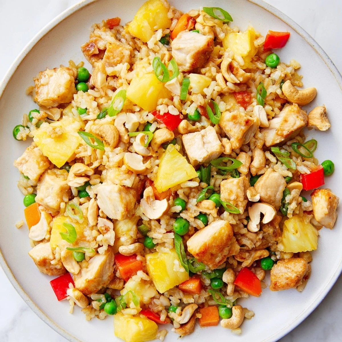Overhead view of Pineapple Chicken Fried Rice with Cashews served in a bowl, garnished with lime wedges and fresh herbs.  