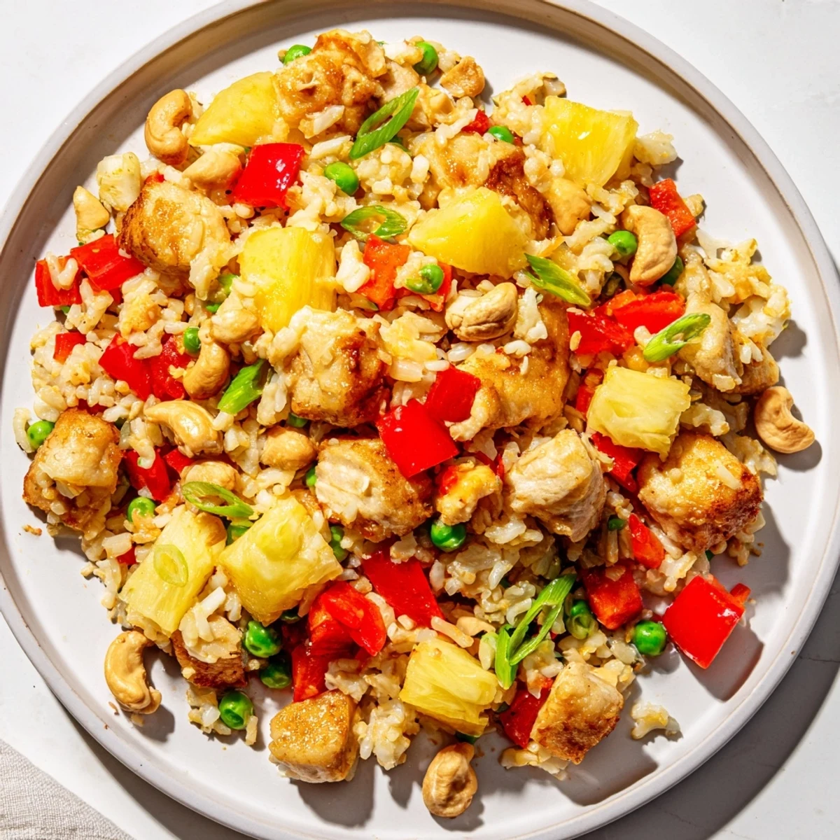 A wok full of Pineapple Chicken Fried Rice with Cashews, featuring colorful veggies and crunchy nuts for a tropical twist.