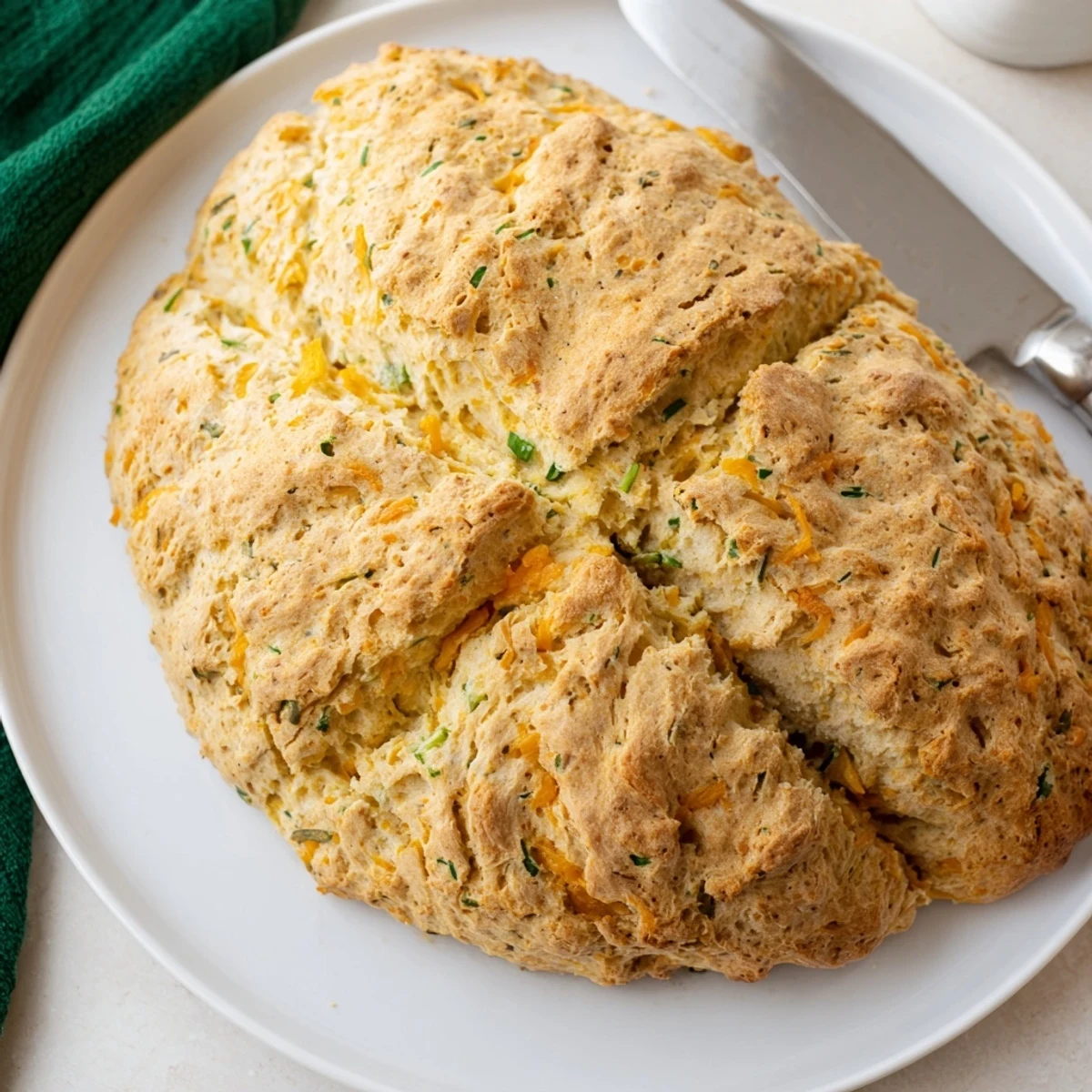 Savory Herbed Cheddar Irish Soda Bread with a golden, rustic crust, baked on parchment for soup pairing.