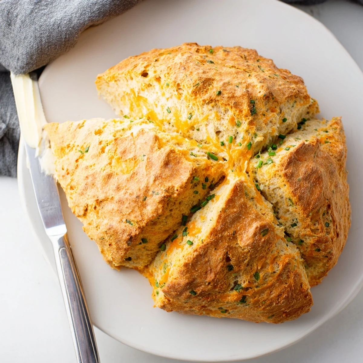 A round Savory Herbed Cheddar Irish Soda Bread sliced to show tender crumb, served warm with butter.