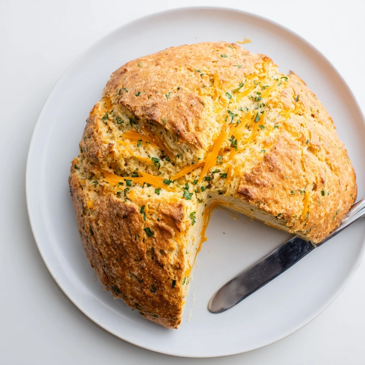 Golden Savory Herbed Cheddar Irish Soda Bread loaf with melted cheddar flecks, cooling on a wire rack.