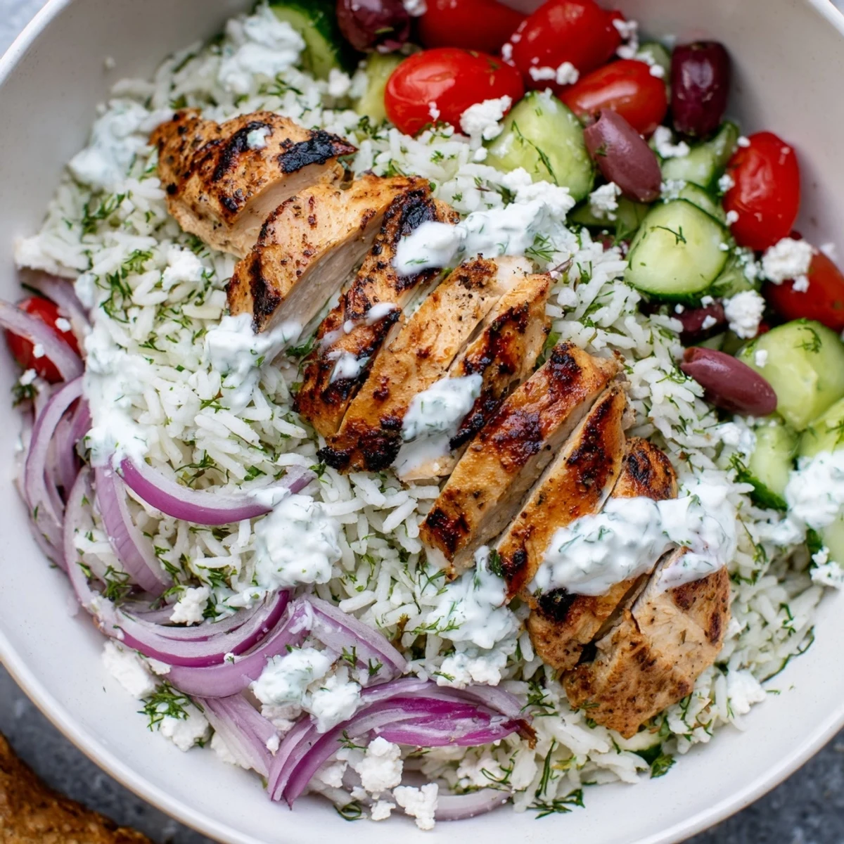 A close-up of Greek Chicken Bowls showing grilled chicken slices atop herbed rice, dotted with cherry tomatoes, cucumber, olives, and feta.